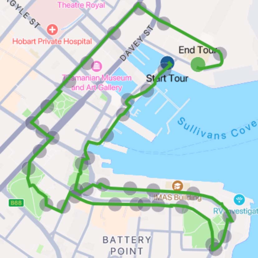 Map of the Hobart Waterfront tour route.