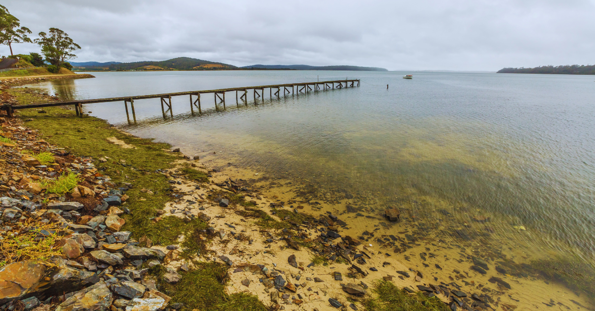 Wooden pier in calm water with a rocky shore.