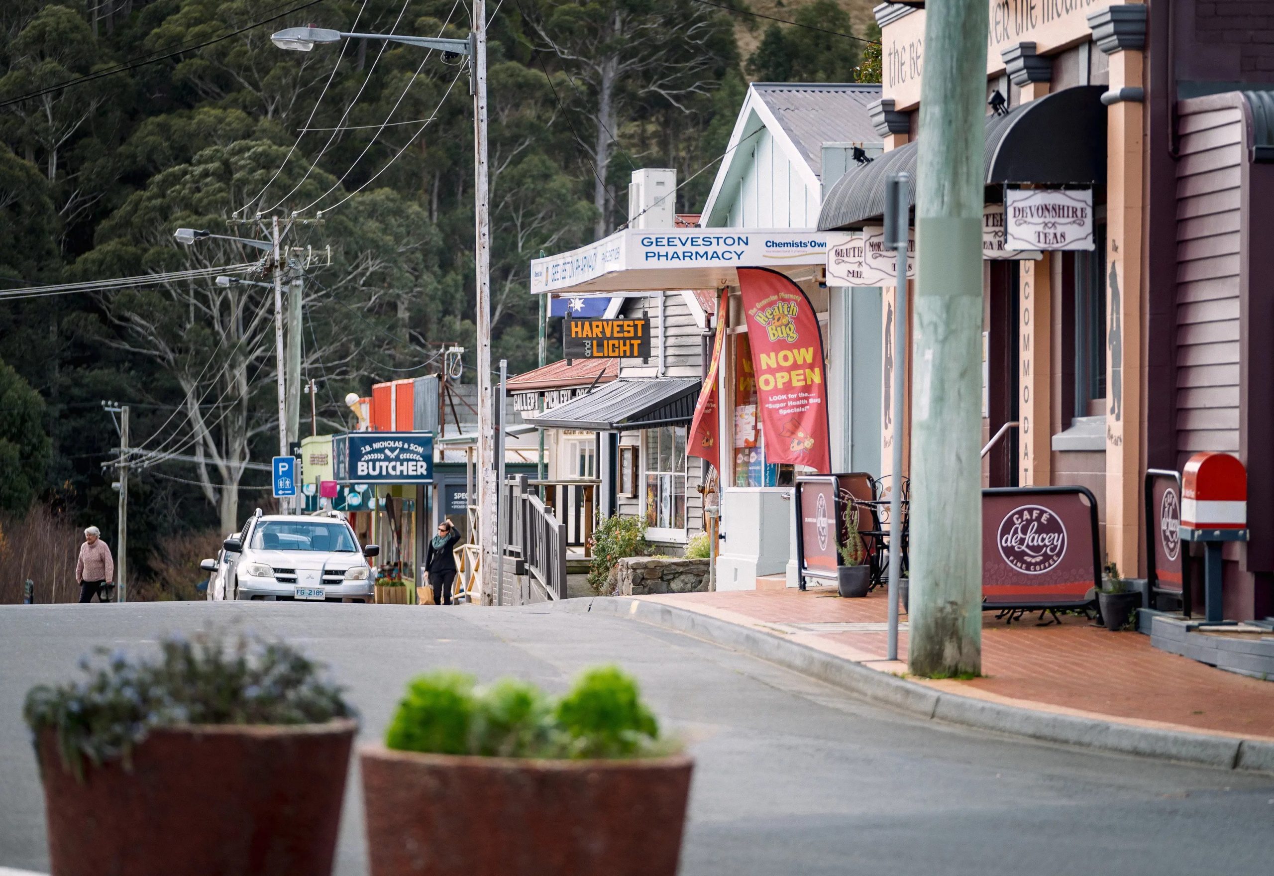 Main street of Geeveston, Tasmania with local shops known for community events and seasonal festivals.