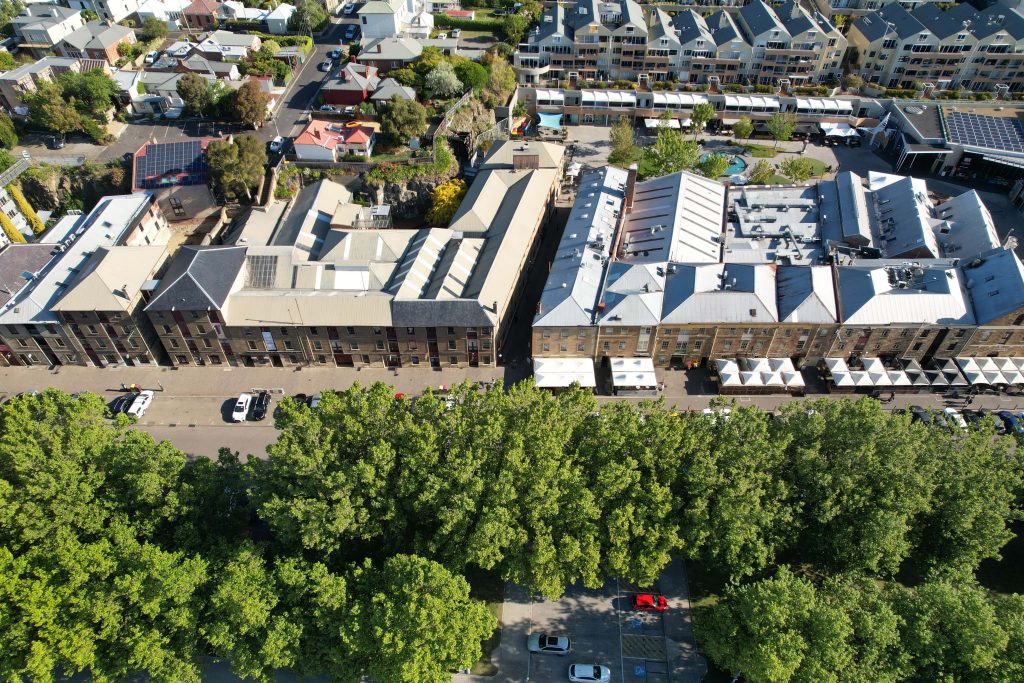 A drone shot of the Salamanca Place in Tasmania